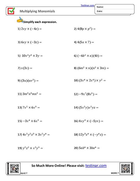 multiplying monomials and polynomials worksheet answers math aids